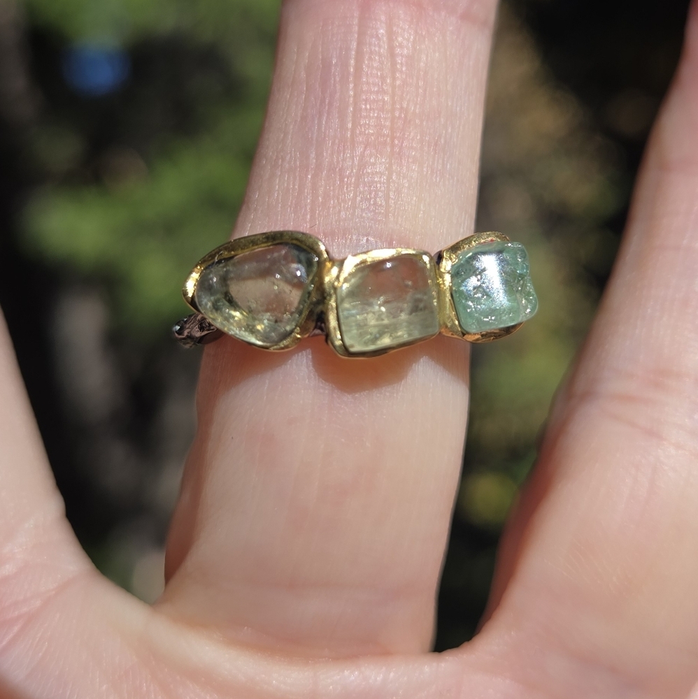 Tourmaline Natural Gemstones Sterling Rhodium & Gold Ring Sz8 - Picture 6 of 10